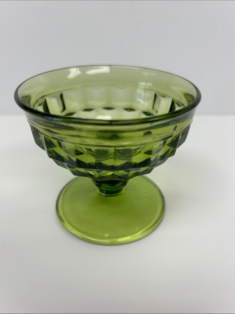 Vintage 1970’s avocado green 3.5 x 3 “Whitehall” footed compote Indian Glass Co